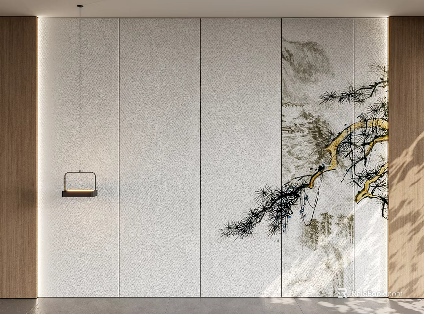 Chinese Style Background Wall With Landscape Painting And Pine Tree Pattern Design 3d model 