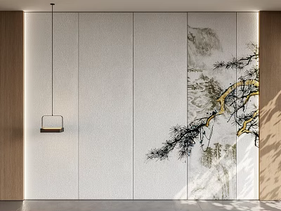 Chinese Style Background Wall With Landscape Painting And Pine Tree Pattern Design 3d model