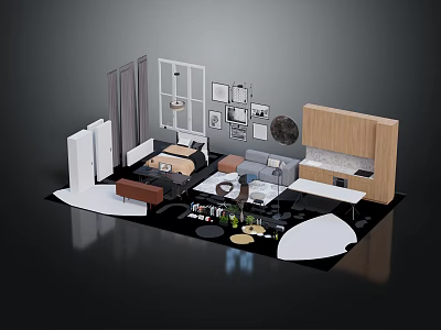Modern Interior Design Furniture Layout With Sofa Bed Cabinets Lighting And Decorative Paintings 3d model