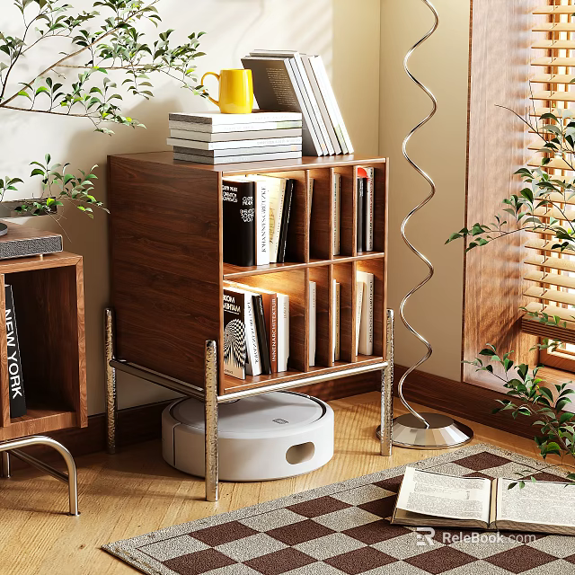 Wooden Side Table with Shelf Design Metal Frame Books and Plants in Living Room 3d model 