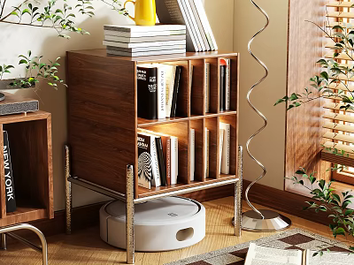 Wooden Side Table with Shelf Design Metal Frame Books and Plants in Living Room 3d model