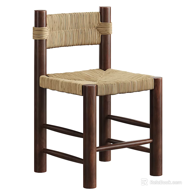 Minimalist Single Chair With Dark Wooden Frame And Woven Rope Seat Design 3d model 