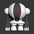 White Robot Figure With Black Center Red Dots Fork Like Arms And Red Fingers