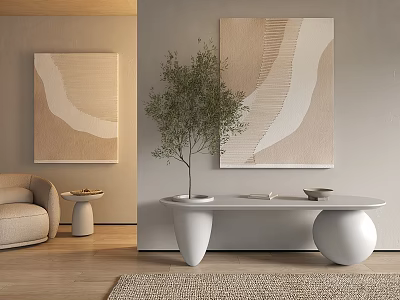 Neutral Tones Living Room With Art Paintings Unique Table And Green Plant 3d model