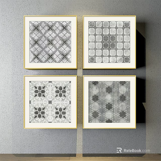 Four Framed Decorative Artworks With Geometric And Floral Patterns On Gray Wall 3d model 