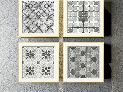 Four Framed Decorative Artworks With Geometric And Floral Patterns On Gray Wall 3d model