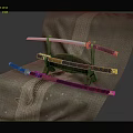 Traditional Japanese Katana Displayed On Wooden Stand With Decorative Sheaths And Carp Patterned Fabric