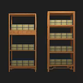 Traditional Wooden Display Shelves With Multiple Tiers And Blue Yellow Storage Boxes