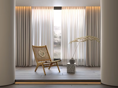 Rattan Lounge Chair in Modern Bright Interior with Large Window Curtains and Decorative Plant 3d model