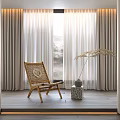 Rattan Lounge Chair in Modern Bright Interior with Large Window Curtains and Decorative Plant