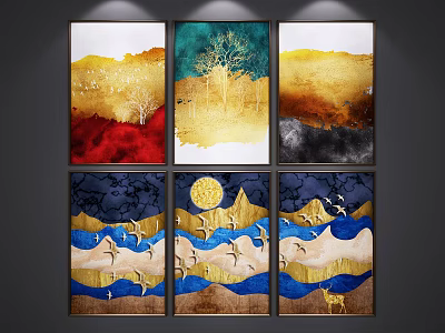 Six Panel Abstract Landscape Paintings With Golden Tones Trees Moon Mountains And Birds 3d model