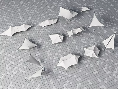 Multiple White Tent Like Canopy Structures On Gray Grid Floor 3d model