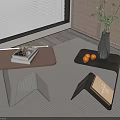 Modern Side Tables Brown Black Tops Glass Legs Books Vase Plant Oranges On Striped Rug