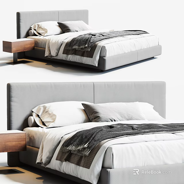 Modern Double Bed With Gray Headboard White Bedding Dark Blanket And Wooden Nightstand 3d model 