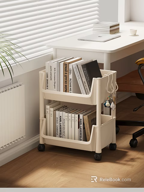 Beige Two Tier Rolling Bookshelf Filled With Books Near Desk And Chair 3d model 