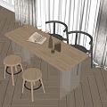 Stylish Light Wood Dining Table Set With Chairs Stools Open Book Water Bottle And Glasses 3d model
