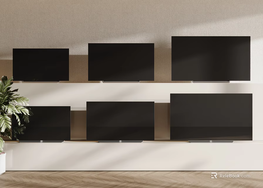 Six Modern Televisions Arranged on Wall Shelves in Interior Display Setup 3d model 