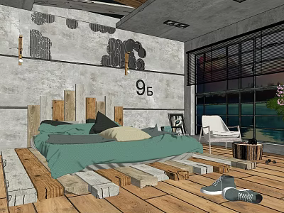 Industrial Hotel Guest Room With Concrete Walls Wooden Pallet Bed Green Bedspread And Large Windows 3d model