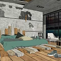 Industrial Hotel Guest Room With Concrete Walls Wooden Pallet Bed Green Bedspread And Large Windows