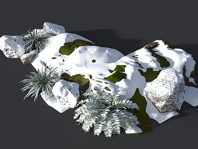 Courtyard Garden With Snow Covered Rocks Green Grass And Decorative Plants 3d model
