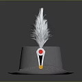Stylish Gray Top Hat With White Feather Trim And Decorative Accents