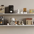 Modern Kitchen Appliances on Shelves Featuring Coffee Machines Blenders and Jars