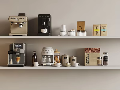 Modern Kitchen Appliances on Shelves Featuring Coffee Machines Blenders and Jars 3d model