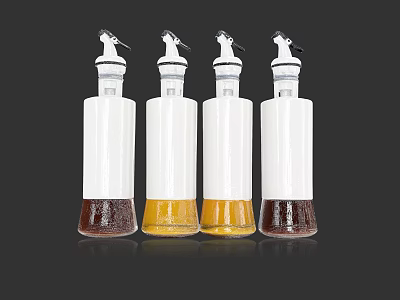 White Condiment Bottles with Dispenser Tops Containing Various Colored Liquids 3d model