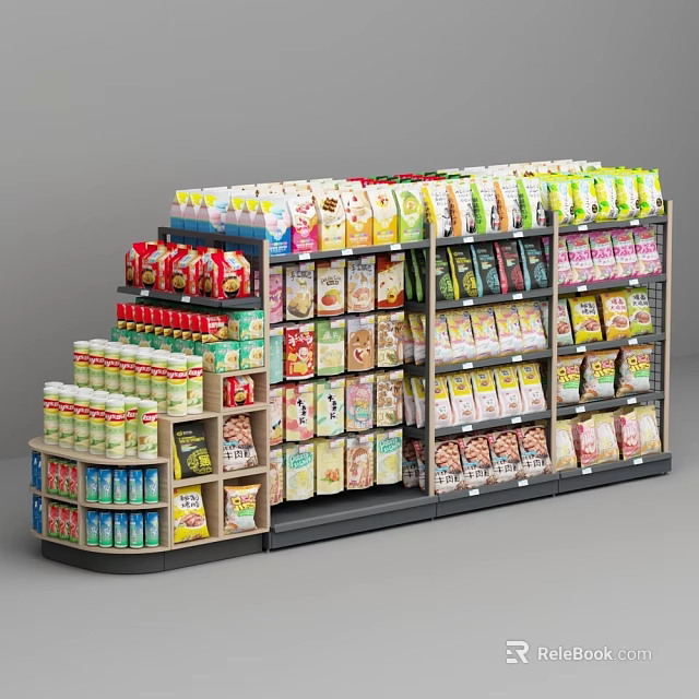 Store Shelf With Multiple Layers Of Various Colorful Packaged Food Products 3d model 