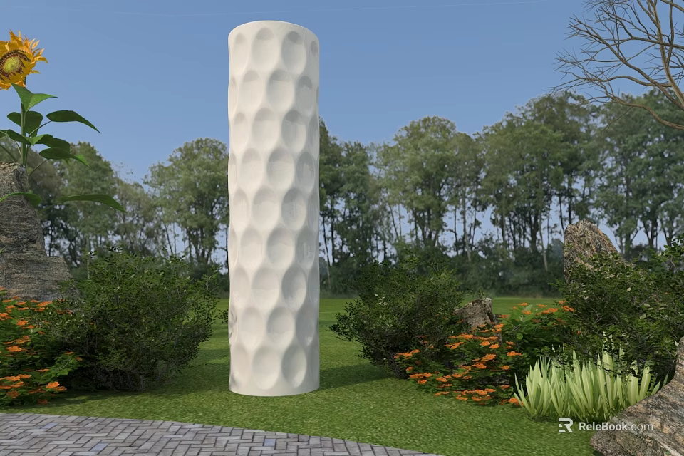 White Cylindrical Ceramic Vessel with Textured Surface in Garden with Grass Trees and Flowers 3d model 