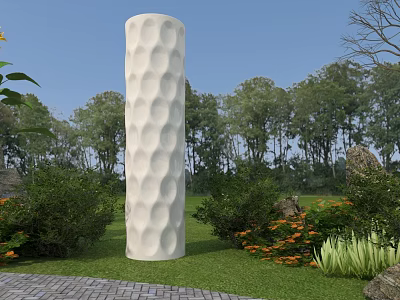 White Cylindrical Ceramic Vessel with Textured Surface in Garden with Grass Trees and Flowers 3d model