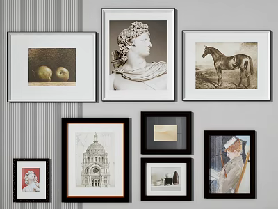 Wall Art Gallery With Framed Paintings Of Fruit Statue Horse And Architecture 3d model