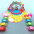 Colorful Children's Activity Space With Stage Tents Tables Chairs And Cartoon Decorations
