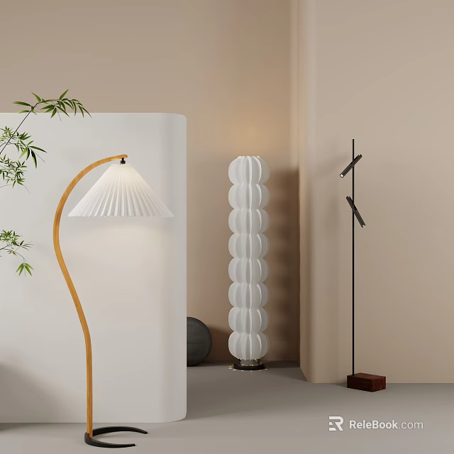 Minimalist Floor Lamps With Curved Wooden Stand White Pleated Shade And Cylindrical Stacked Design 3d model 