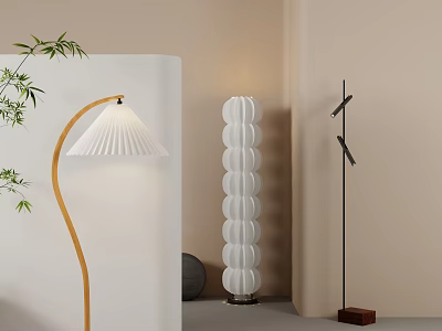 Minimalist Floor Lamps With Curved Wooden Stand White Pleated Shade And Cylindrical Stacked Design 3d model