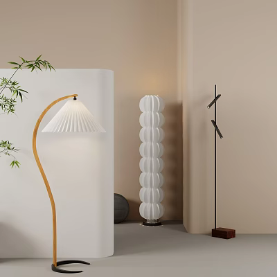 Minimalist Floor Lamps With Curved Wooden Stand White Pleated Shade And Cylindrical Stacked Design 3d model