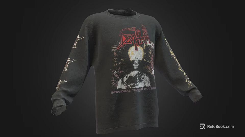 Black Long Sleeve Sweatshirt With DEATH Text Skull Graphic And Sleeve Decorations 3d model 