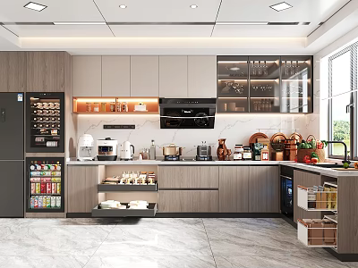 Modern Kitchen Interior With Wooden Cabinets Island Countertop Appliances And Storage Lighting 3d model