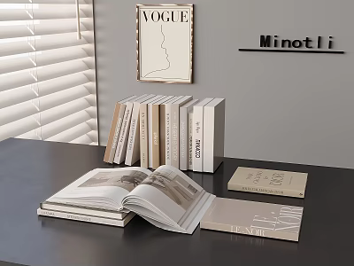 Stylish Books And Vogue Magazine Display With MinotLi Sign Open Book On Table 3d model