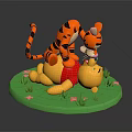 Playful Tigger On Winnie The Pooh's Back Lying On Green Grass With Flowers