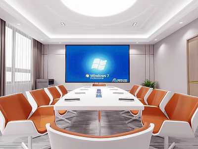 Modern Conference Room Interior With Long White Table Orange White Chairs And Large Screen 3d model