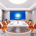 Modern Conference Room Interior With Long White Table Orange White Chairs And Large Screen