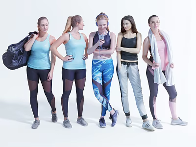 Group of women wearing activewear with gym bag towel and headphones standing together 3d model