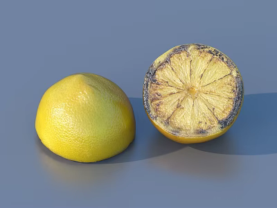 Fresh Yellow Whole Lemon and Roasted Cut Open Lemon on Gray Background 3d model
