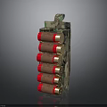 Camouflage Ammo Clip With Stacked Red And Gold Bullets On Dark Surface