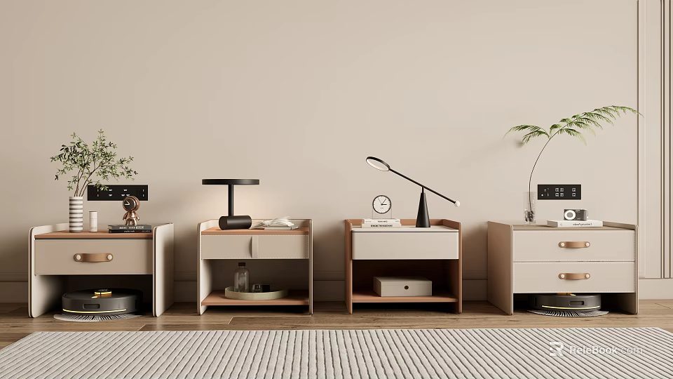Modern Bedside Tables With Various Designs And Decorative Table Lamps Clock Plants 3d model