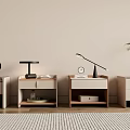 Modern Bedside Tables With Various Designs And Decorative Table Lamps Clock Plants 3d model