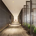Modern Hotel Corridor Interior With Black Vertical Screens And Lantern Lighting 3d model