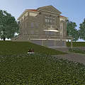 European Style Detached Villa With Red Roof Beige Exterior Balcony Columns Green Trees And Lawn