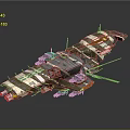 Futuristic Military Style Spaceship With Camouflage Green White Orange Design And Complex Structure